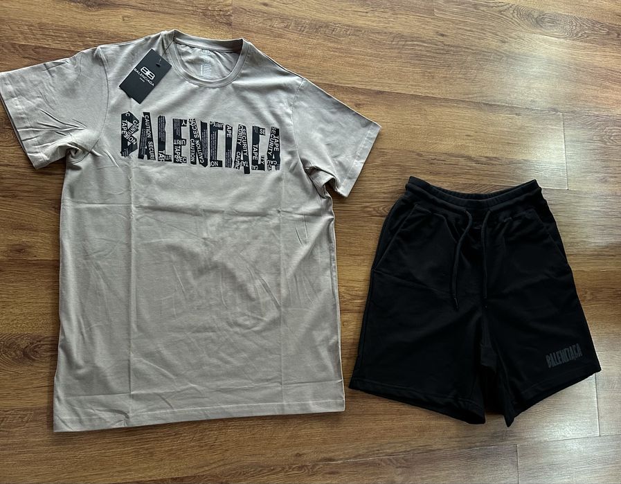 Мъжки,памучен,къс комплект Balenciaga с кафява тениска и черни панталонки