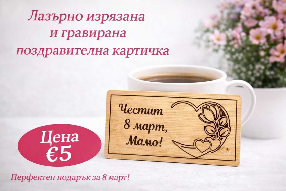 Лазерно гравирана картичка за 8 март