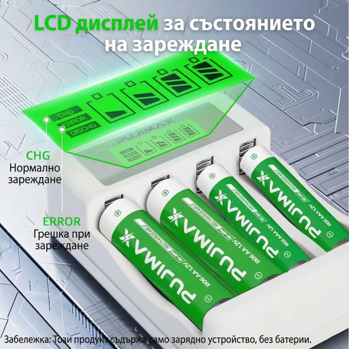 PUJIMAX Зарядно за AA/AAA NiMH/NiCd батерии с LCD дисплей, 4 гнезда