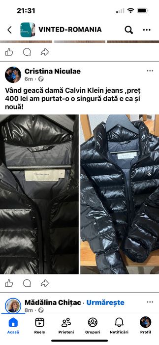 Vând geacă Calvin Klein Jean damă măsura xs, purtată o singură dată preț 400 lei