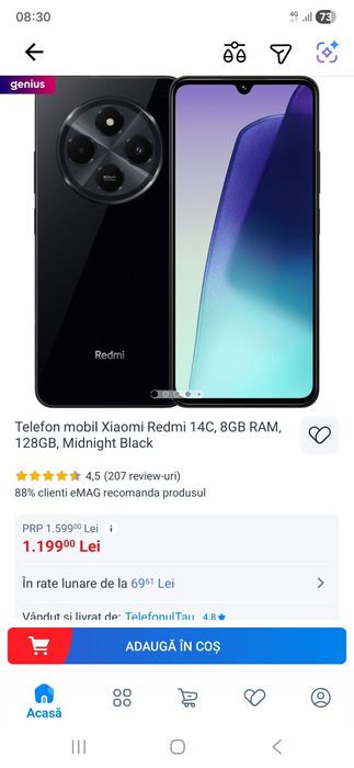 Telefon XIAOMI Redmi 14C, 128GB, 8GB RAM, Dual SIM, Black