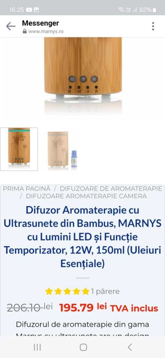 Difuzor Aromaterapie cu Ultrasunete din Bambus, MARNYS,12W+uleiuri