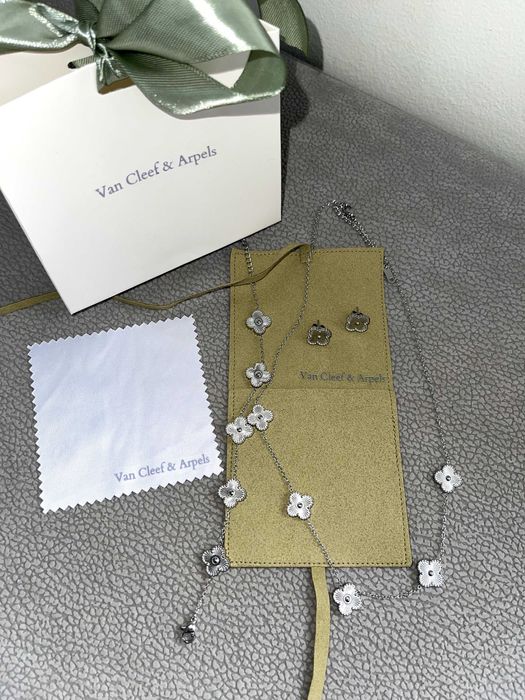 van cleef комплект сет бижута колие обеци гривна стомана детелина VC