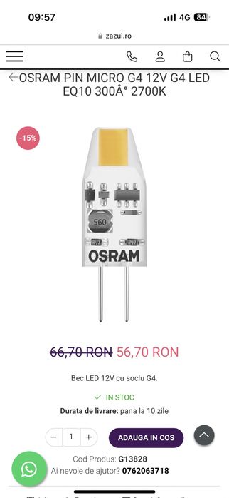 Bec Led PIN MICRO 10 300 ° 1 W/2700 K G4