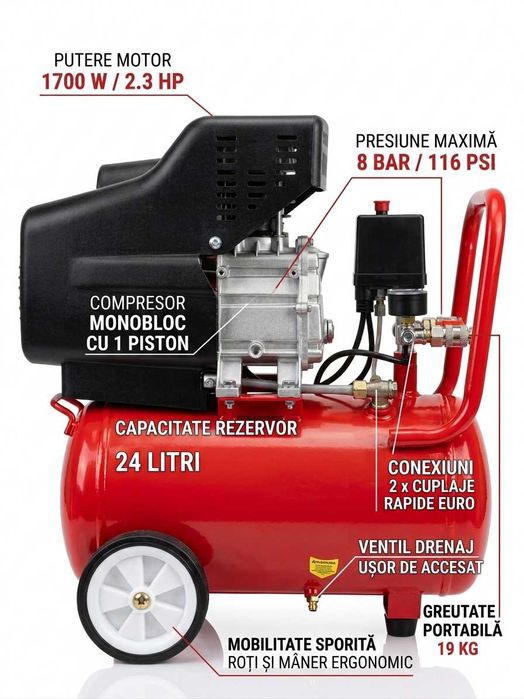 Compresor Aer 24L 2.3CP 8 Bar Fischer Germany Puternic