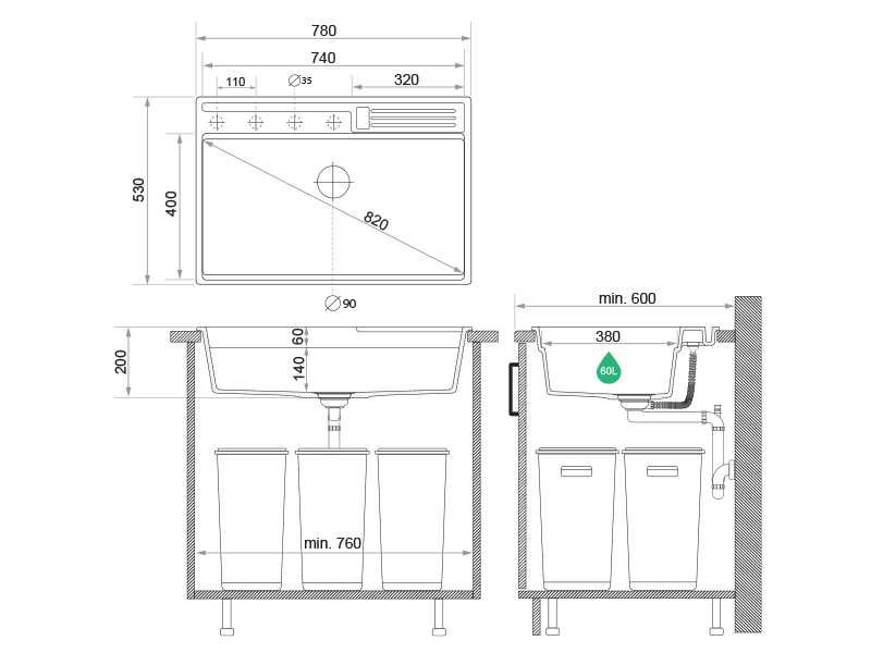 Графит кухненска мивка от гранит Осло 80 Премиум 780 x 530 мм