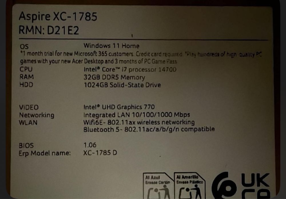НОВО! Мощен компютър Acer Aspire XC-1785, i7-14700, 32GB DDR5, 1TB SSD