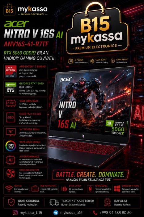 Acer Nitro V 16S AI ANV16S-41-R7TF — RTX 5060 GDDR7, 100% sRGB ekran