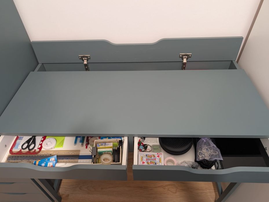 Set birou Ikea Alex, birou + dulap cu sertare, culoare gri inchis-turcoaz, in stare buna