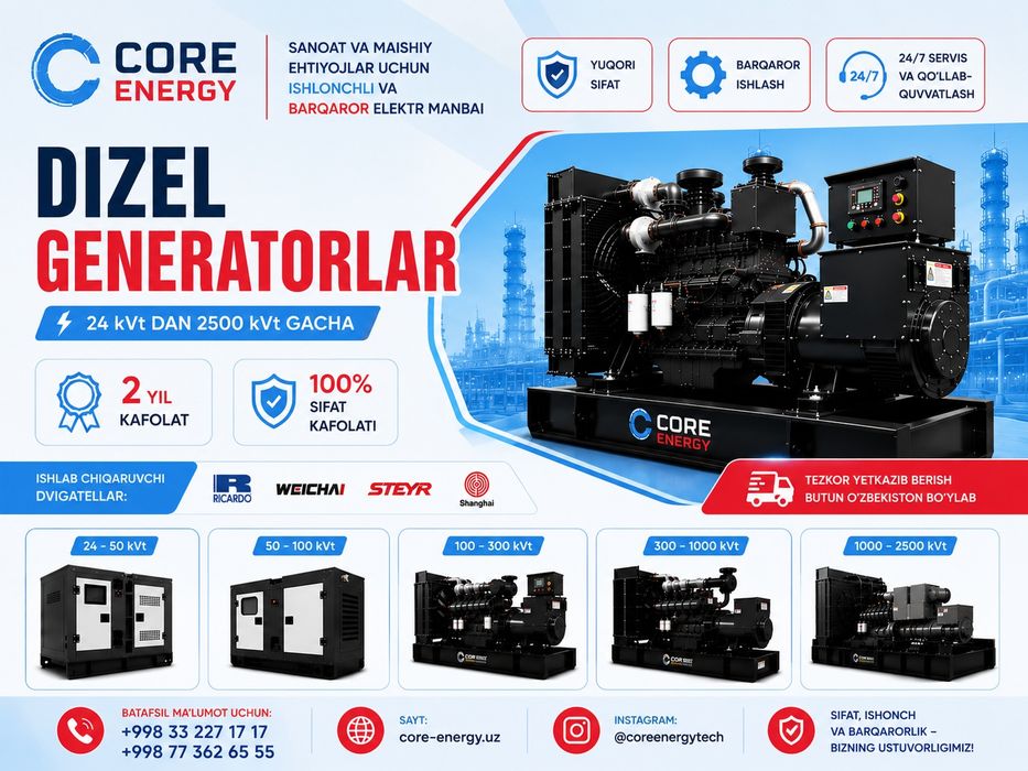 Dizel generatorlar 24 kVtdan 2500 kVtgacha