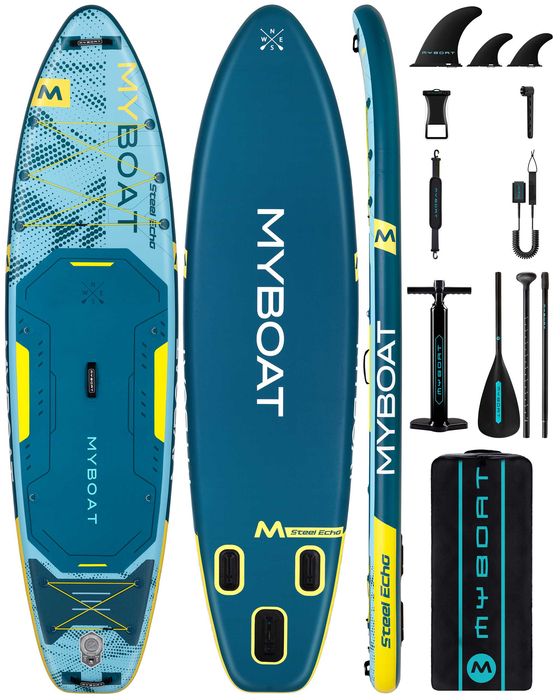 Нов, висок клас, 350 СМ широк надуваем падъл борд  all-round SUP MYBOAT MY21 за семейни разходки, начинаещи и спокойно гребане.