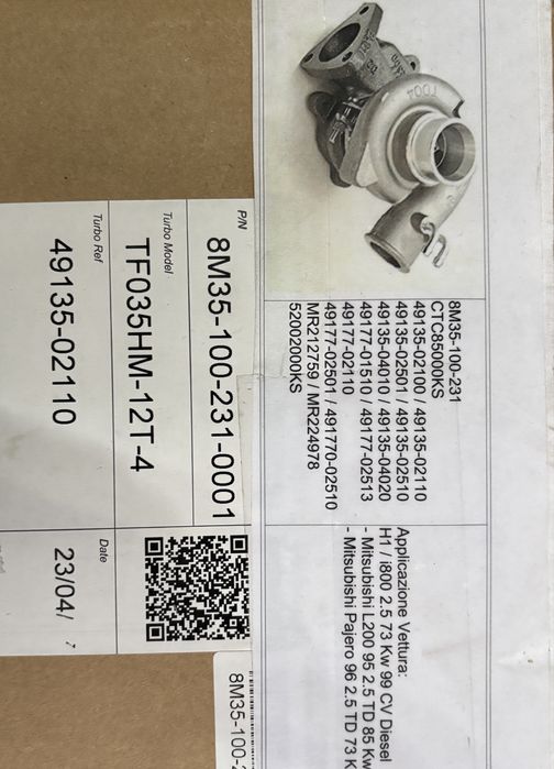 Turbina Mitsubishi Pajero 96 2.5 TD 73kw / Mitsubishi L200 95 2.5 85kw