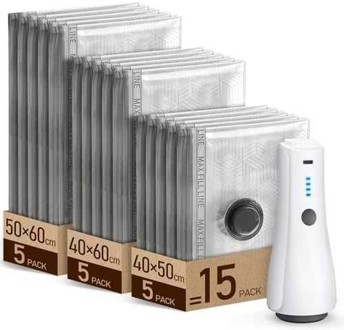 Нов Комплект вакуумни торби 15 броя с електрическа помпа 3 размера за багаж дрехи