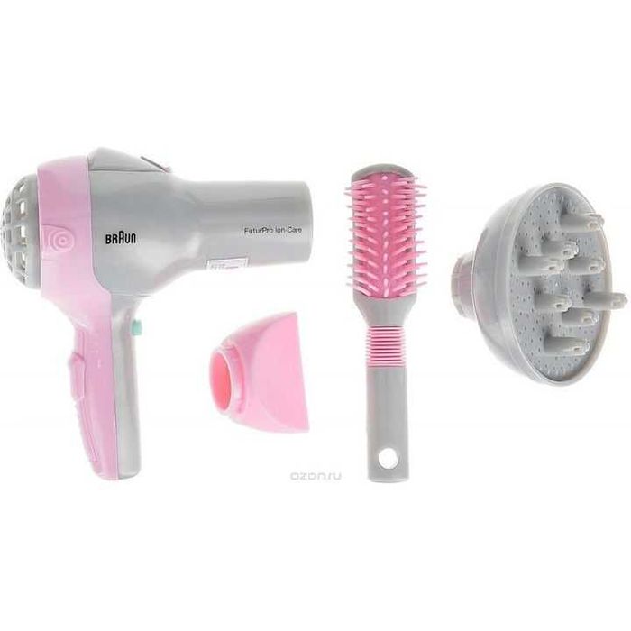 Uscator de par pentru copii Klein cu difuzor si perie, roz-gri set
