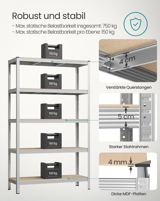 Метален стелаж за големи натоварвания SONGMICS, 5 регулируеми рафта, 60 x 120 x 200 см, до 750 кг