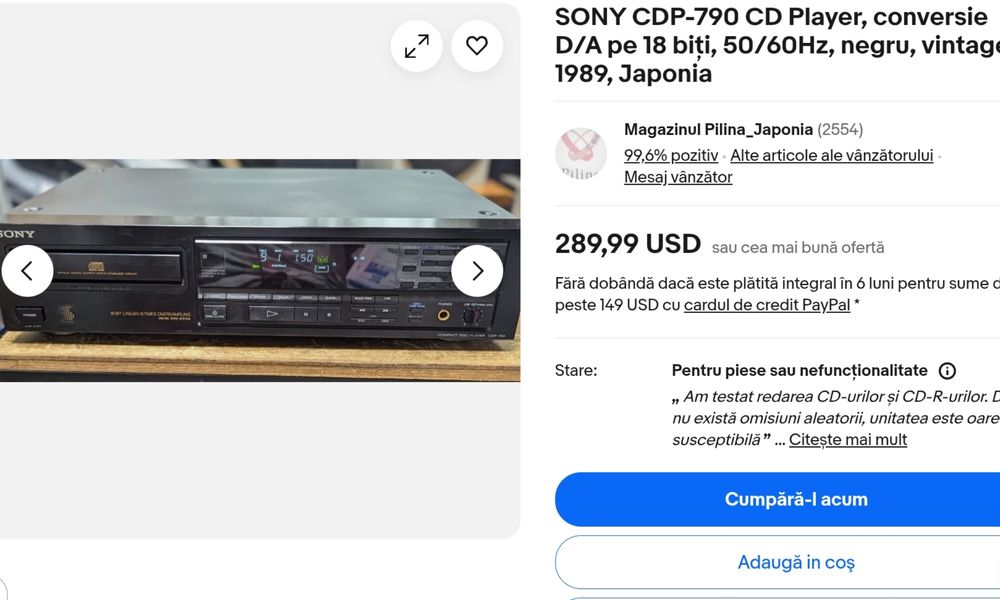 Cd player top. Sony CDP-790. Telecomanda originală. Ca nou. Preț fix !