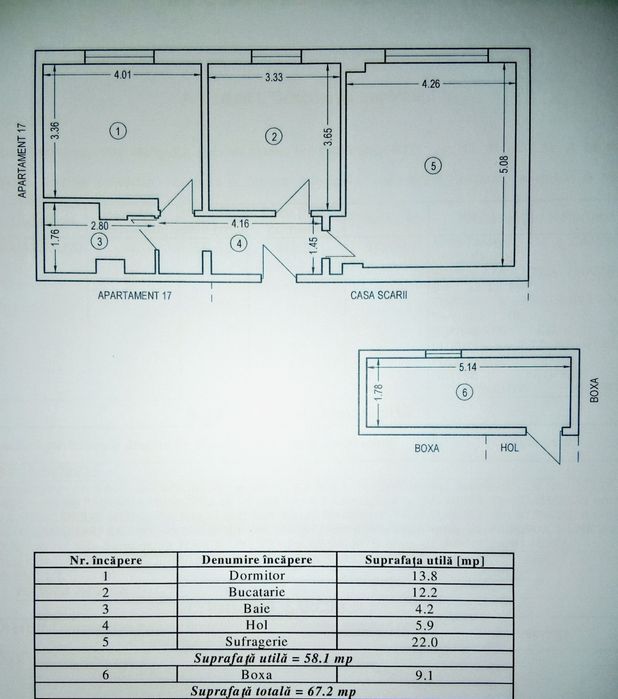 Apartament decomandat 2 camere 58mp plus boxă