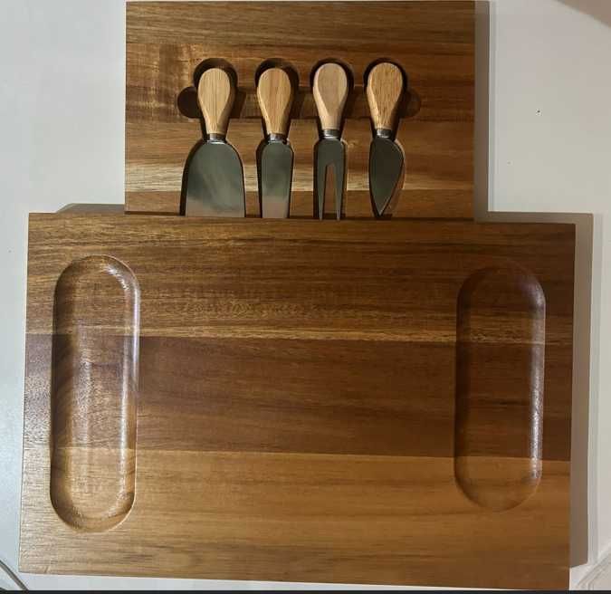 Set platou pentru prezentare, charcuterie  tava branzeturi, farfurie din lemn, pentru branzeturi cutite otel, dreptunghiular,41x27x3 cm