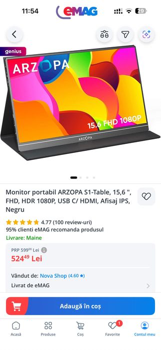 Monitor portabil ARZOPA S1-Table, 15,6 ", FHD, HDR 1080P, USB C/ HDMI