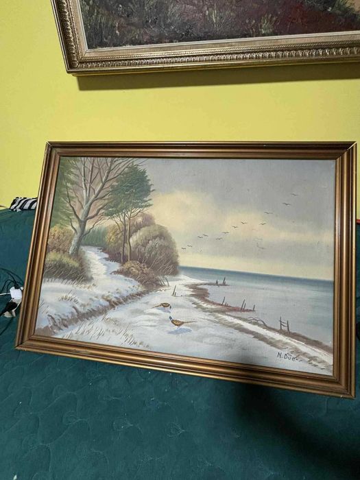 Tablou peisaj de iarnă – pictură pe pânză, ramă vintage