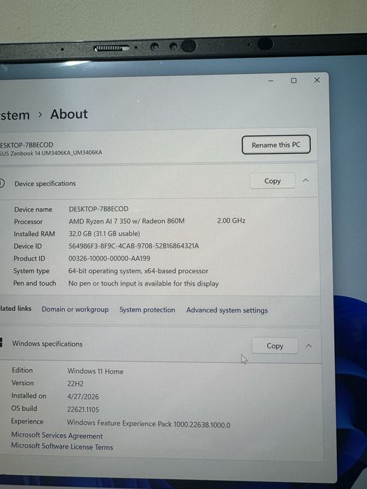 Laptop nou Asus Zenbook 14 3K OLED Amd Ryzen 7 350 AI 32GB DDR5