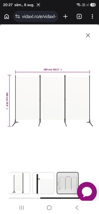 Paravan de cameră cu 3 panouri, alb, 260 x 180 cm, textil