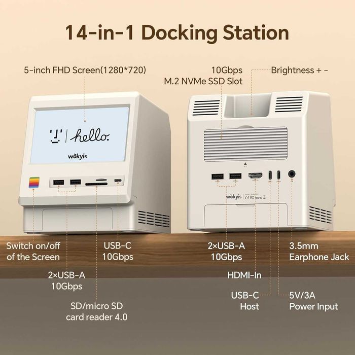 Док-станция M5 Retro для Mac mini M4, 5-дюймовый HD-дисплей 10 Гбит/с