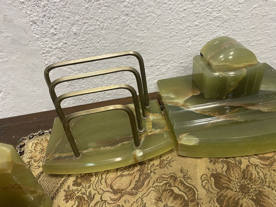 Винтидж италиански комплект от оникс стопери за книги с мастилница