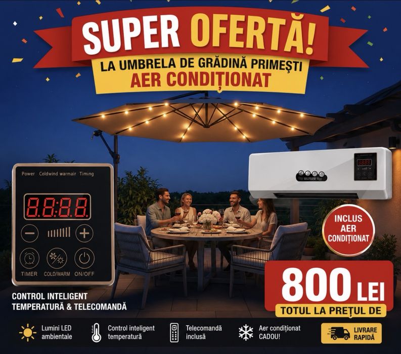 Super-Oferta Umbrela luminata de gradina 3x3 m+ Aer Conditiinat Mobil Gratuit .Totul la pachet Promotiinal
