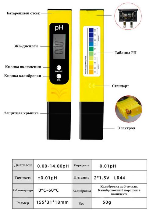 PH метр, электронный + pH4.01/pH6.86/pH9.18 калибровочные пакеты.
