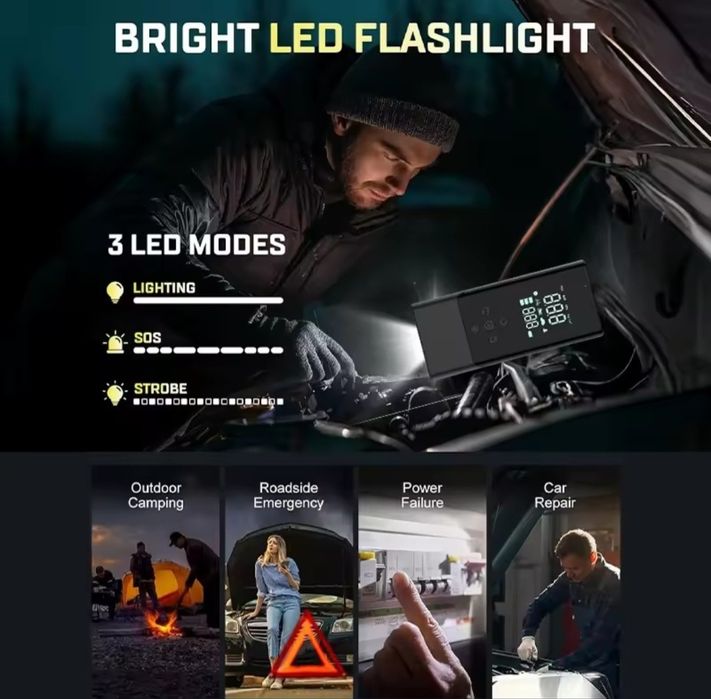 Бустер, Powerbank, Помпа за топки, Компресор за гуми, Фенер