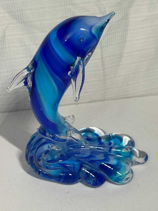STATUETA DELFIN in VALURI - STICLA DE MURANO - Italy - 15 X 11 cm - Vintage !