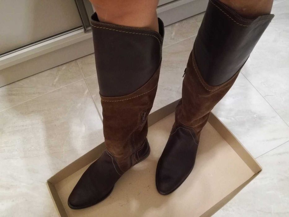 Тъмно кафяви ботуши №37,5,Arise, естествена кожа/велур ,без зебележки,