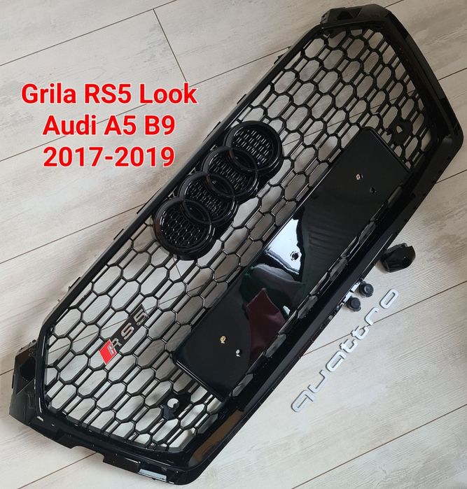 Grila-RS5-Look-Fagure-Sigla-Logo-Stema-Emblema-Audi-A5-B9-2017-2018-2019-Neagra-Lucios-Calitate-Superioara-Poze-Reale-Noua