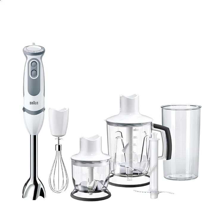 Ръчен блендер Braun MultiQuick 5 Vario MQ 5245WH – пюре с основа от неръждаема стомана, 1000 W, включва комплект от 4 аксесоара, бял/сив