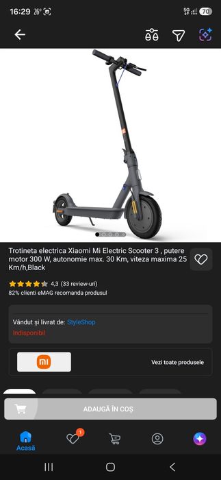 Trotineta electrica Xiaomi Mi 3 Electric putere motor 300 W, autonomie max. 30 Km, viteza maxima 25 Km/h, Negru
