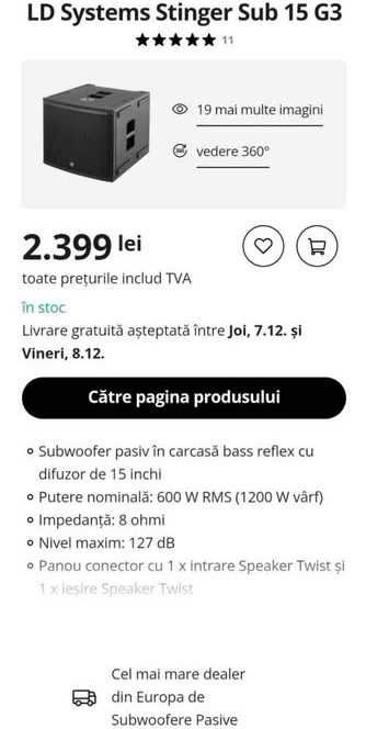 Difuzoare noi bass subwoofer 15 toli, 15 inch, 15" LD Systems Stinger