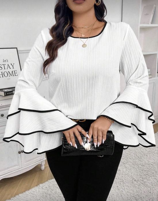 Дамска спортно елегантна бяла блуза/риза с ефектен ръкав