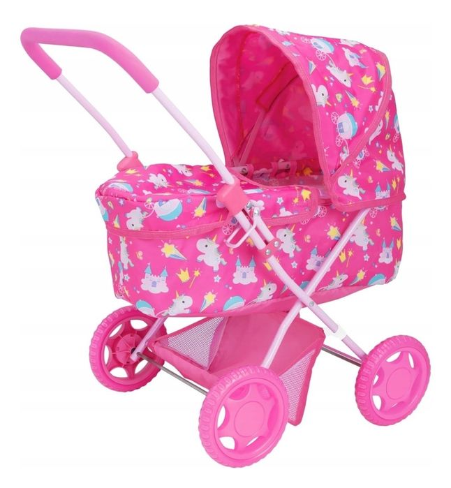 Сгъваема количка за кукли с пазарска чанта и сенник