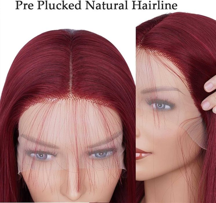 73 см Тъмно червена бургунди бордо права перука с дантела 13x4x1