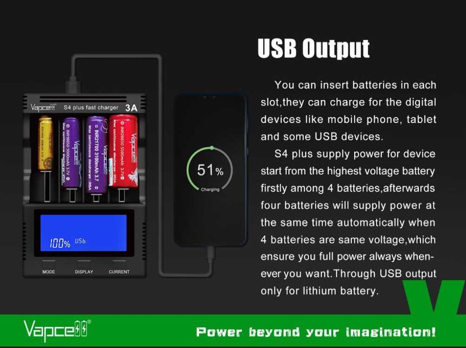 Incarcator universal Vapcell S4 + incarcare rapida pana la 3A pe slot!