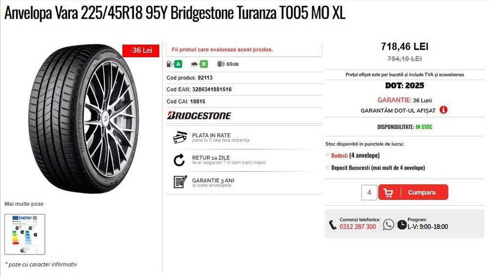 Set 4 anvelope vara 225 45 18 Bridgestone Turanza T005 XL MO Mercedes Benz originale