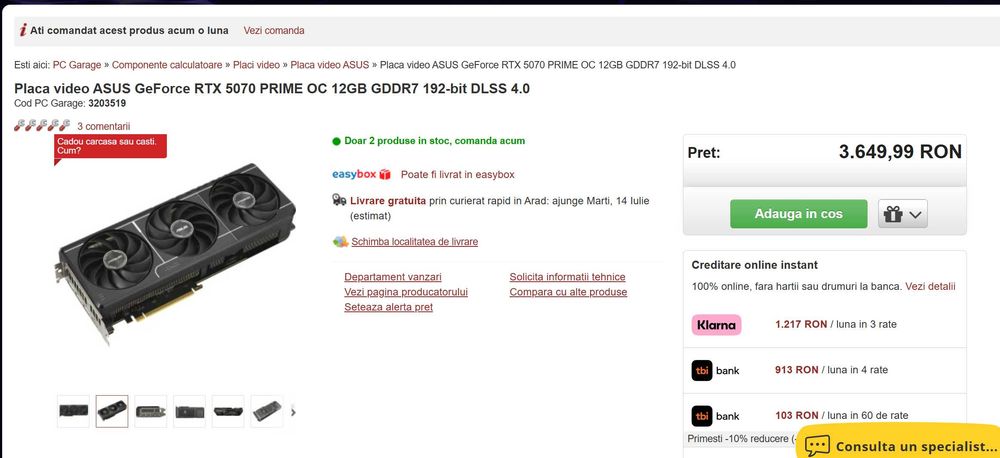 Vand RTX 5070 ASUS GeForce PRIME OC 12GB GDDR7 192-bit DLSS 4.0 (garantie 36 luni)