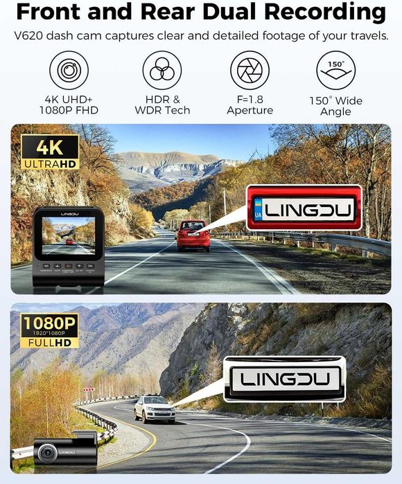 Видеорегистратор V620 4К+1К WiFi 2.4“ Parking Night WDR GPS ADAS 64GB