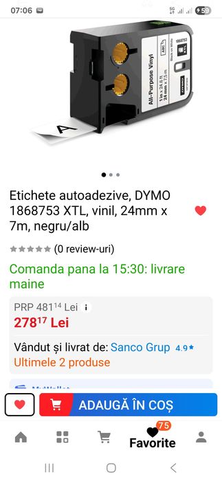 Etichete autoadezive, DYMO 1868753 XTL, vinil, 24mm x 7m, negru/alb