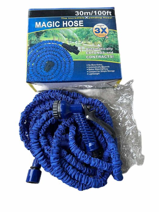 Разтегателен градински магически маркуч с пистолет и накрайници-усилен