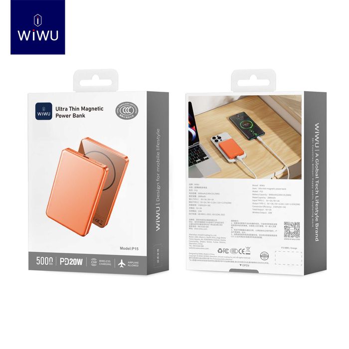 WiWU P15 Ультра Тонкий 5000mAh CCC Magnetic PD20W Power Bank iPhone 17