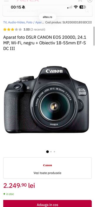 Aparat foto DSLR CANON EOS 2000D, 24.1 MP, Wi-Fi, negru + Obiectiv 18-55mm EF-S DC III
