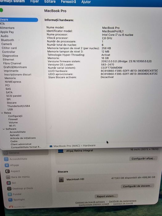 Laptop Apple Macbook Pro 16 inch , I7 , 2019 16Gb Ram 500 GB SSD .