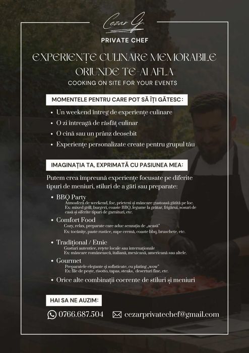 Bucătar evenimente | Private Chef | Pentru grupuri, weekend-uri la cabane si pensiuni, team buildinguri, etc în Brașov și împrejurimi